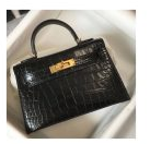 621428991 Kelly Mini II Bag In Black Embossed Crocodile Leather
